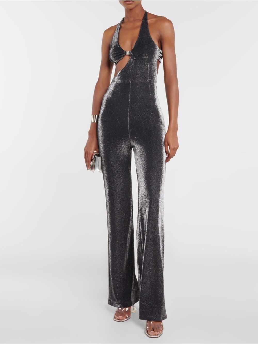 Metallic Silver Halter Cutout Jumpsuit Disco